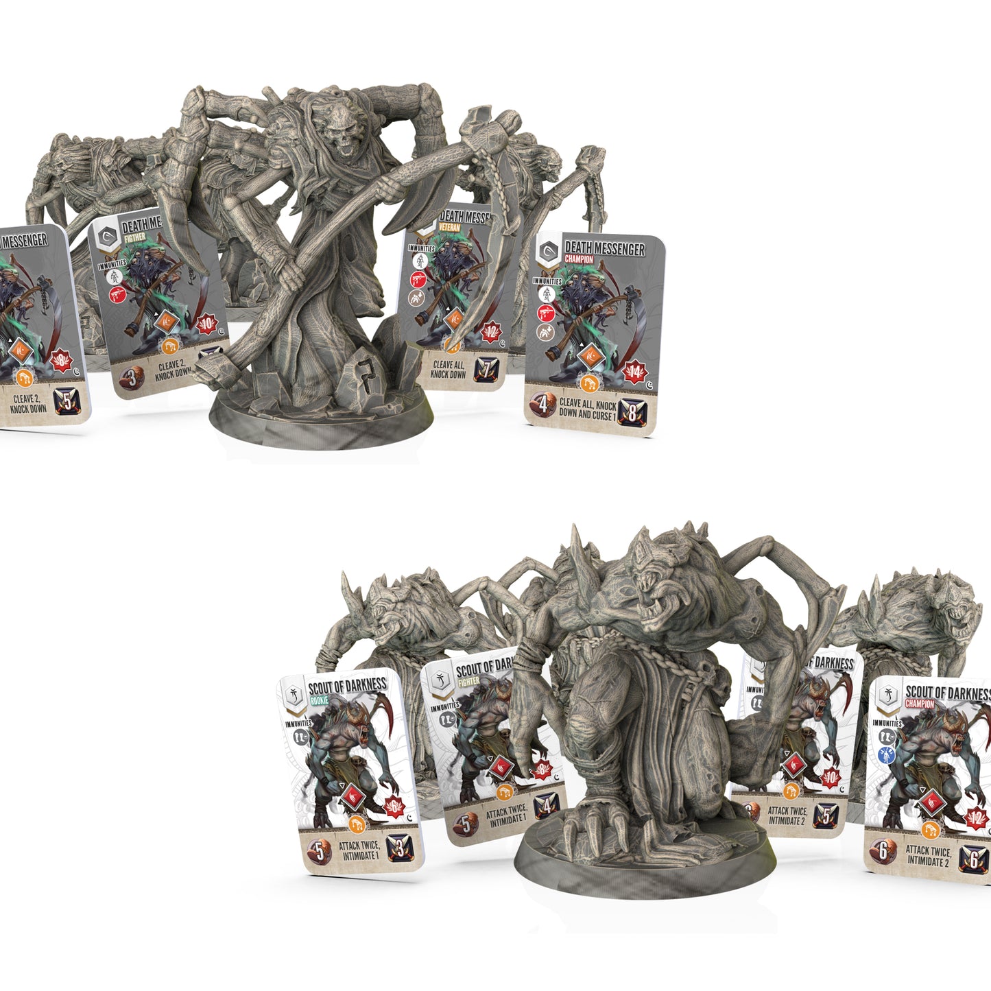 Fantasy figurines and cards on a white background