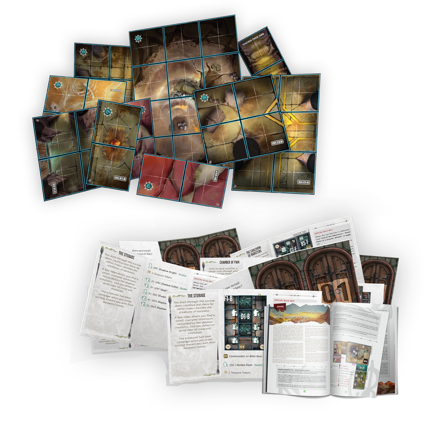 Collection of game cards and rulebooks on a white background