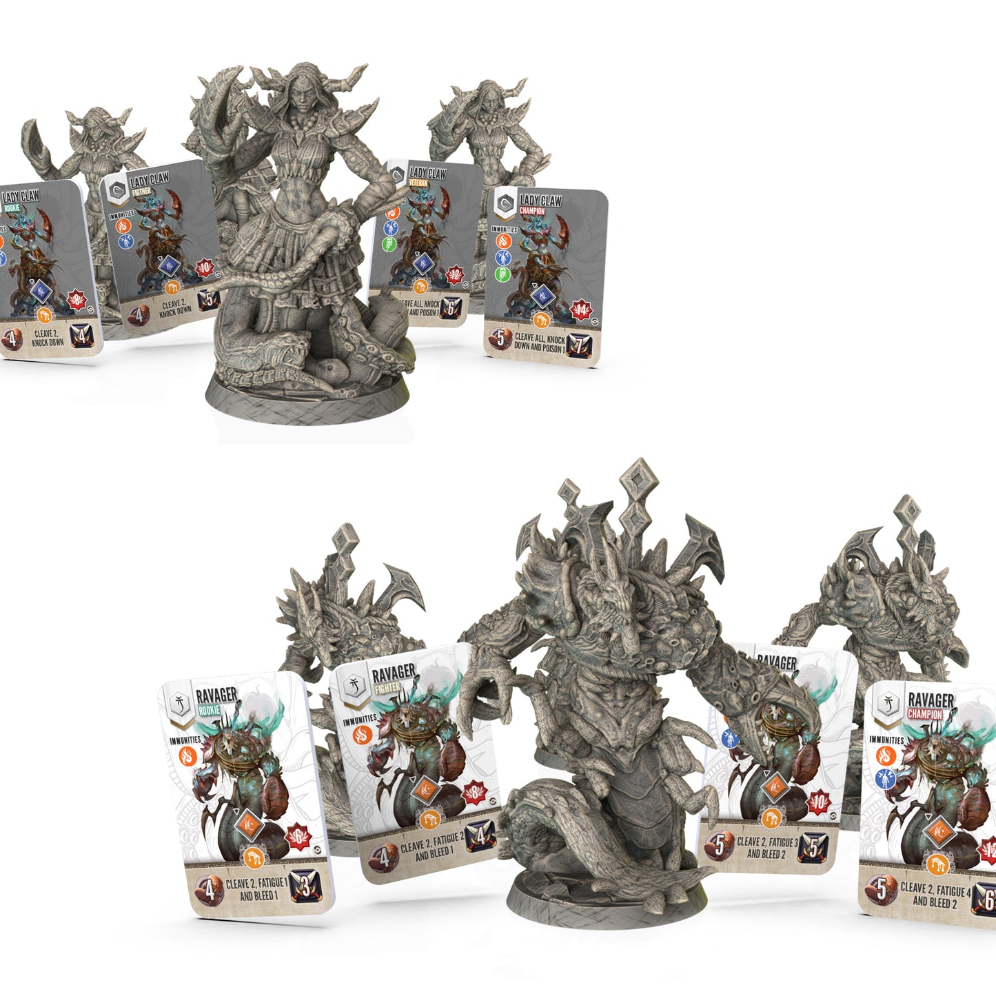 Collection of fantasy figurines and cards on a white background