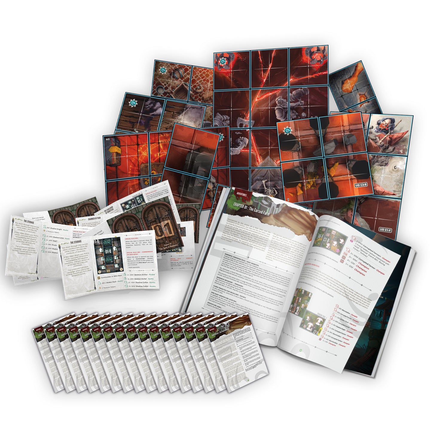 Collection of game cards and rulebooks on a white background