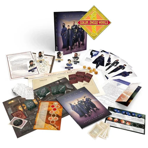 Collection of game components including cards, maps, and a box with 'Origin Award Winner' label on a white background.