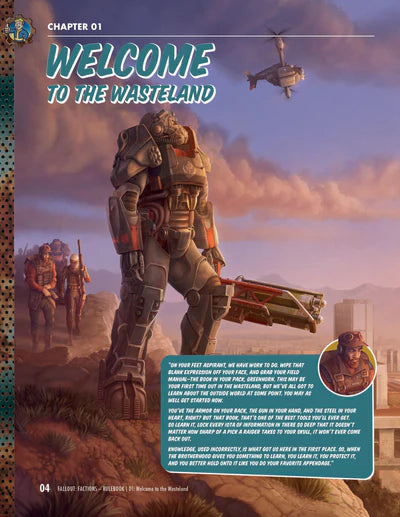 Book cover with a character in futuristic armor and a helicopter in the sky, titled 'Welcome to the Wasteland'.