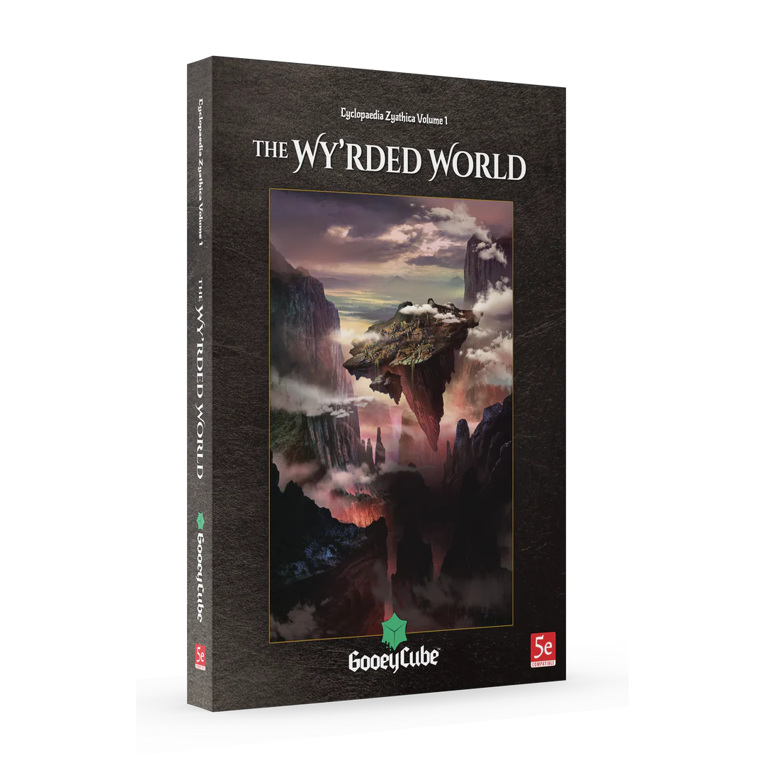 Book titled 'The Wyrded World' with a fantasy landscape illustration on the cover, featuring GooeyCube branding.