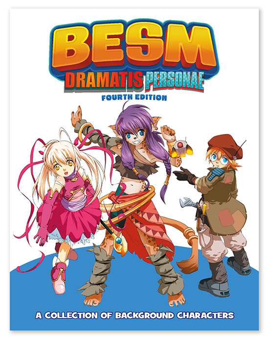 Book cover of 'BESM Dramatis Personae' with three animated characters on a white background