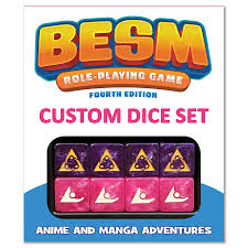 BESM Role Playing Game Custom Dice Set packaging with dice and colorful design.