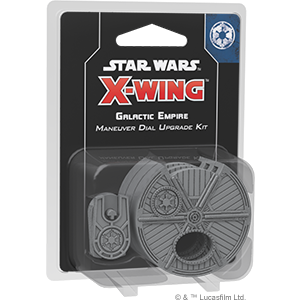 Packaging for X-Wing 2nd Ed: Galactic Empire Maneuver Dial Upgrade Kit, featuring the product visible through a clear plastic window, with Star Wars branding on the top.