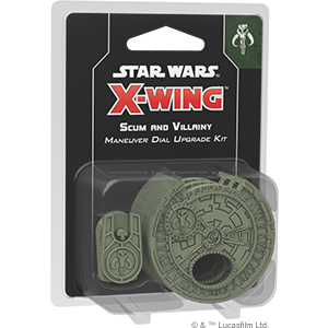 Packaging for X-Wing 2nd Ed: Scum and Villainy Maneuver Dial Upgrade Kit, featuring two maneuver dials and the Star Wars logo.