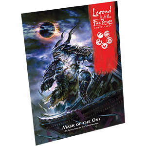 Cover art for the Legend of the Five Rings RPG: Mask of the Oni, featuring a fantasy creature known as an Oni, predominantly in black and blue tones with a red accent.