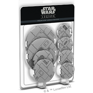 Packaging for Star Wars: Legion - Premium Large Bases, featuring multiple circular bases with various starship designs, displayed in a clear plastic box with a black background.
