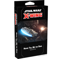 Packaging for X-Wing 2nd Ed: Never Tell Me the Odds Obstacles Pack, featuring artwork with a Star Destroyer and starscape in the background.