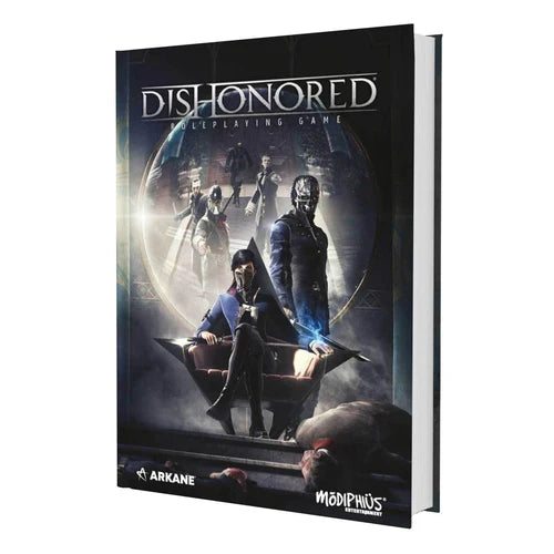 Game book cover of 'Dishonored' with characters and Arkane Studios logo.