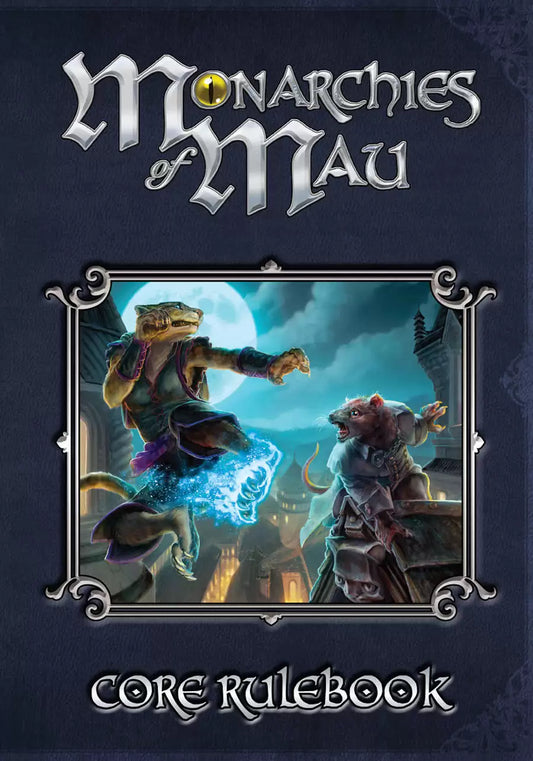 Cover of 'Monarchies of Mau' core rulebook with fantasy characters and text.