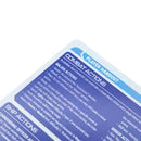 Close-up of a blue and white label with text on a white background