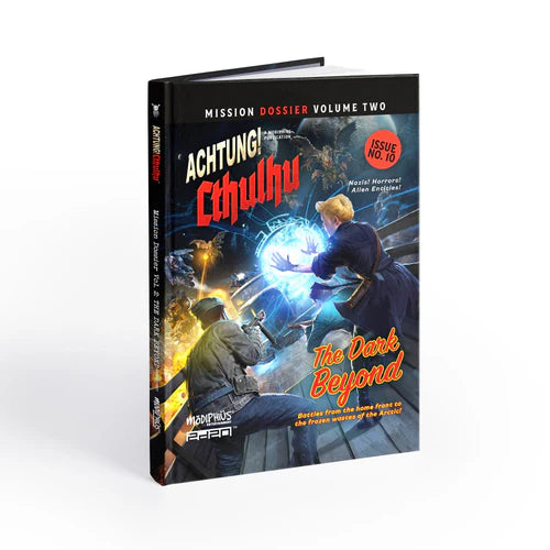 Book titled 'Achtung! Cthulhu' with a cover featuring two figures and text on a white background