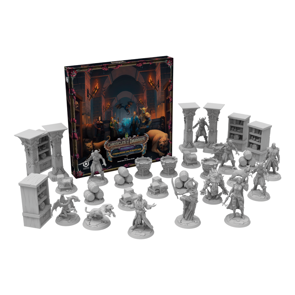 Tabletop game set with miniatures and box on a white background
