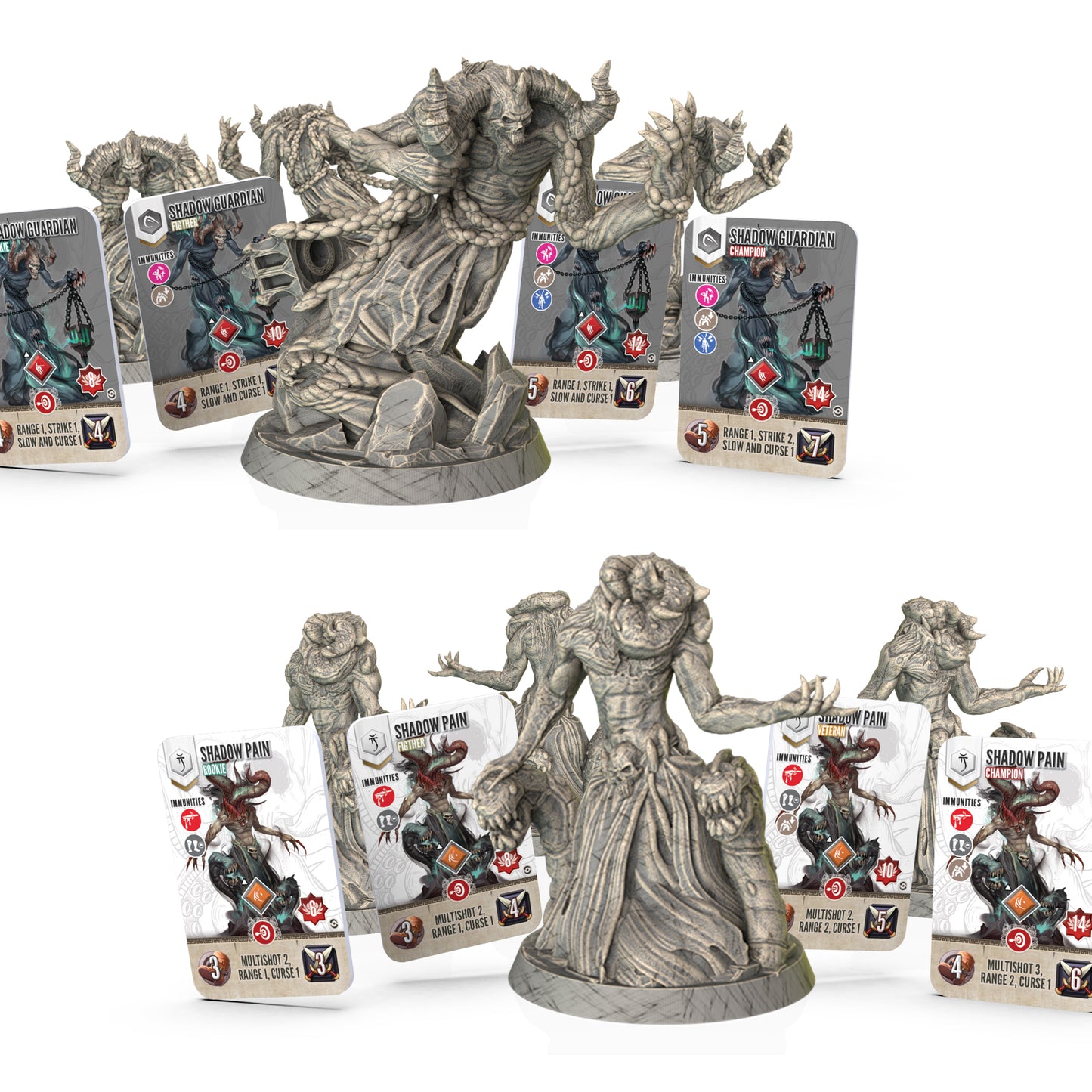 Fantasy figurines and cards on a white background