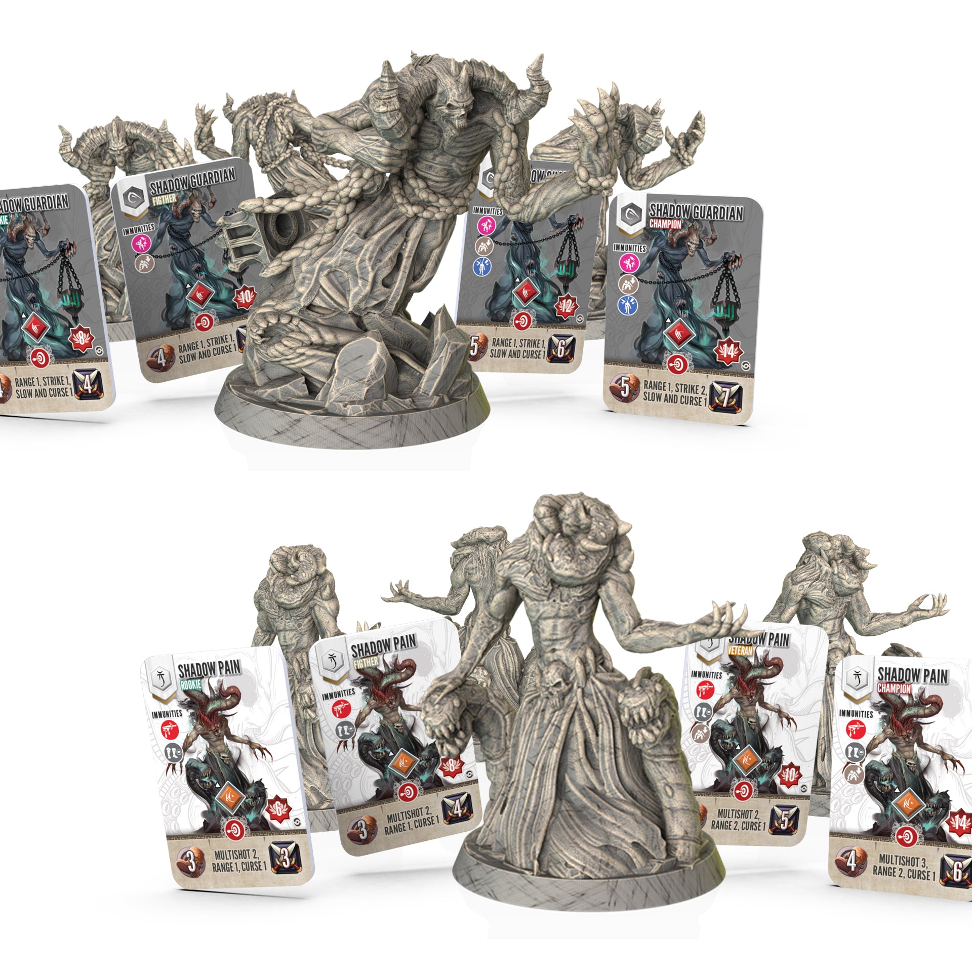 Fantasy figurines and cards on a white background