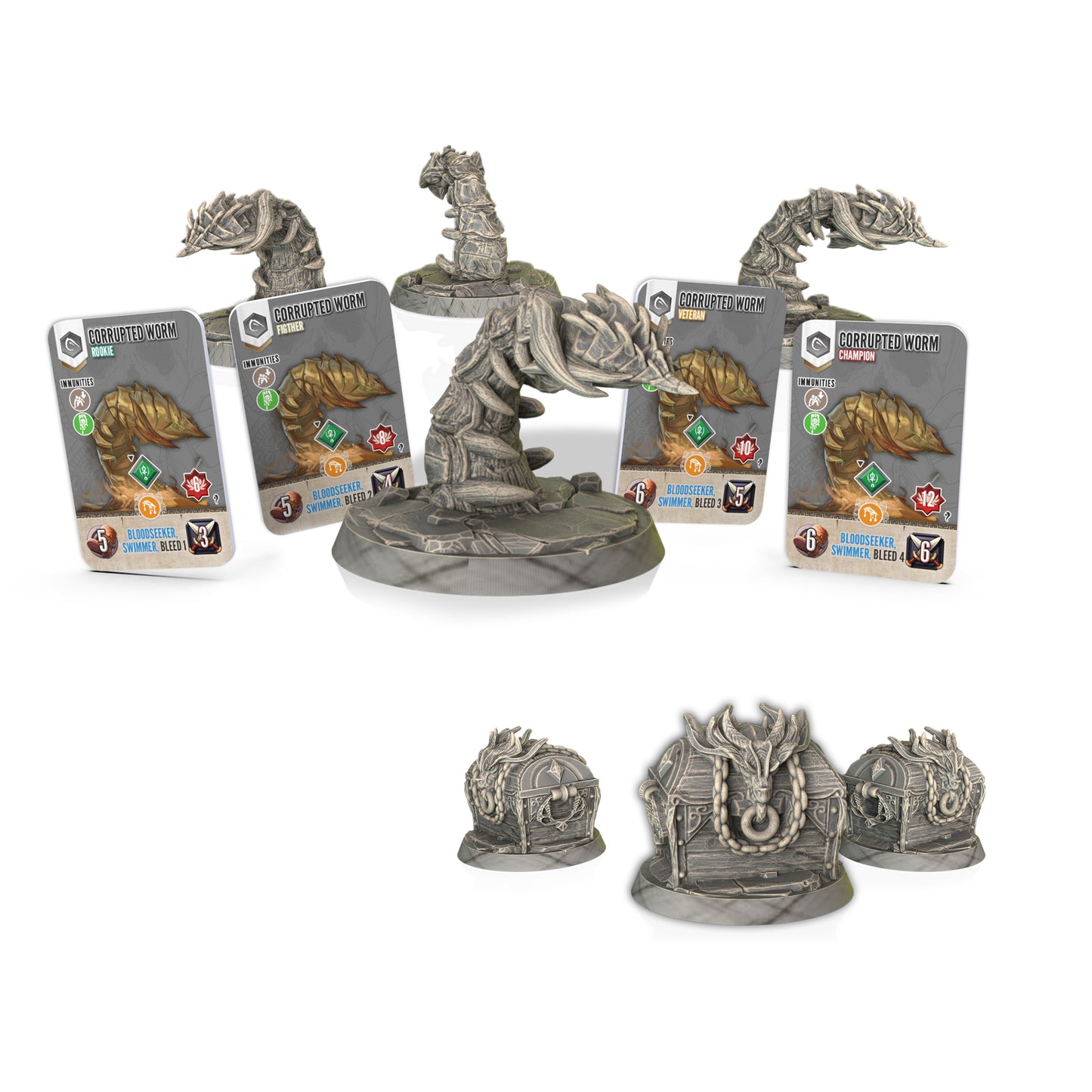 Game figurine with cards and additional accessories on a white background