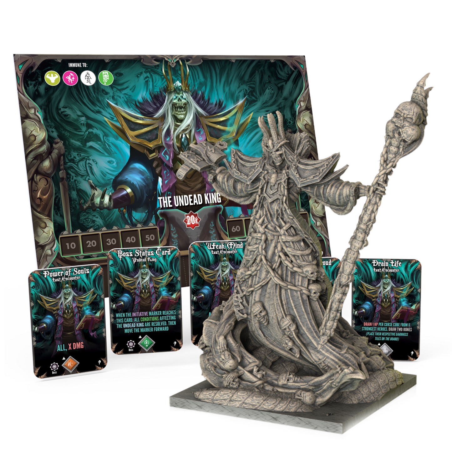 Statue of 'The Undead King' with game cards in front of a display case