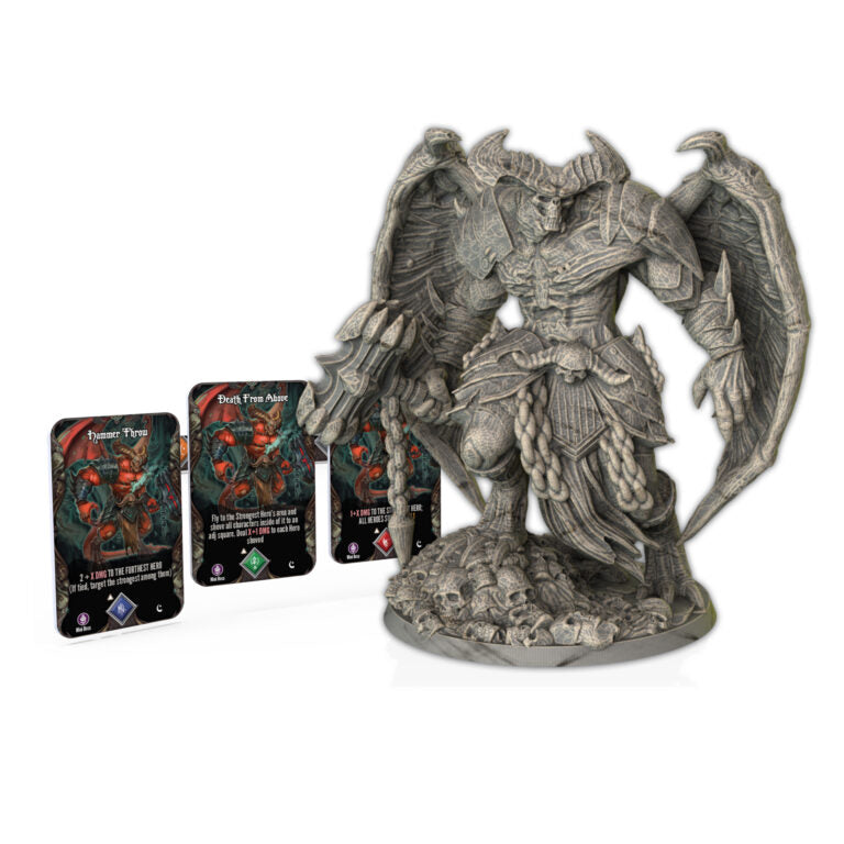 Fantasy figurine with wings and cards on a white background