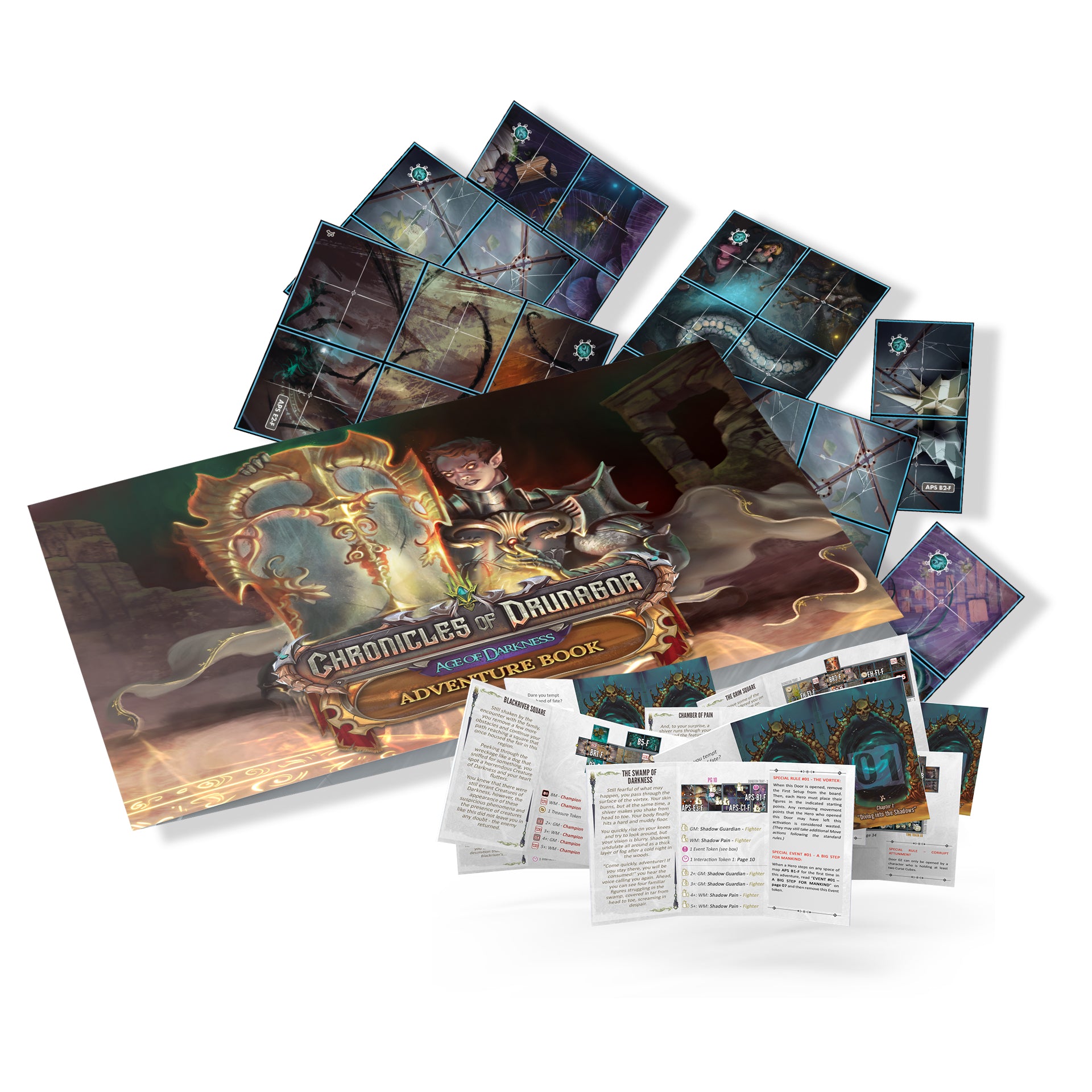 Game components including cards and a book titled 'Chronicles of Drundor' on a white background