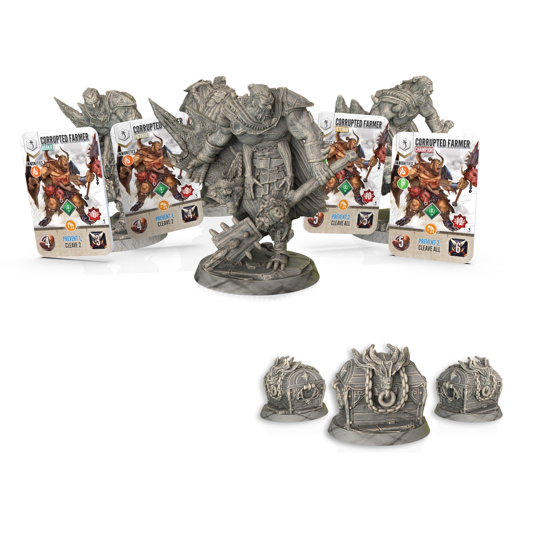 Game figurine with cards and accessories on a white background