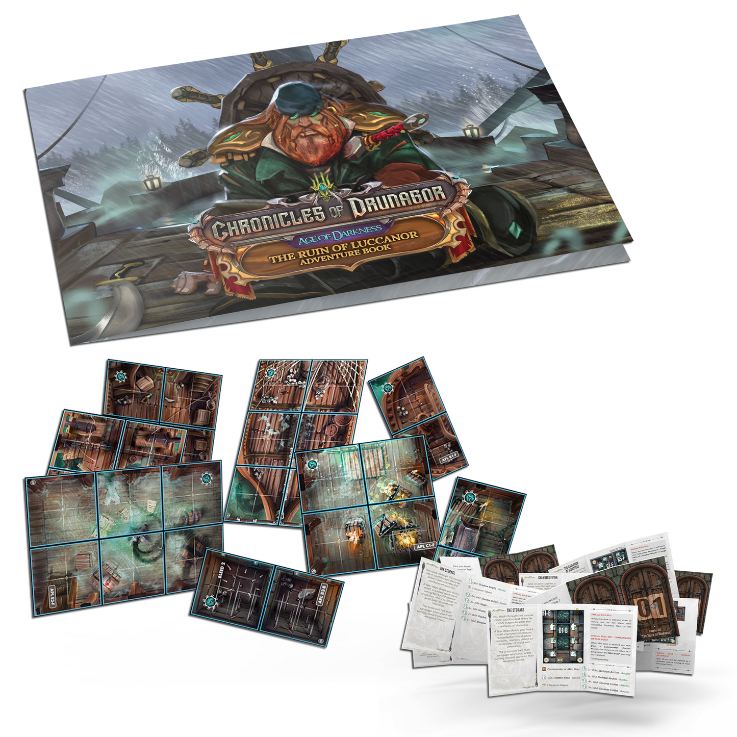 Game components including a box cover and various cards on a white background