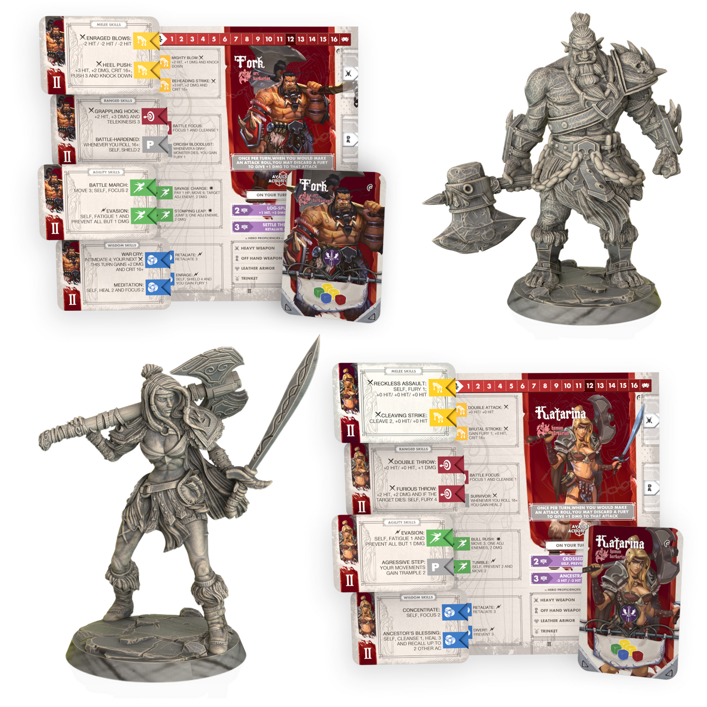 Collection of fantasy figurines and game cards on a white background