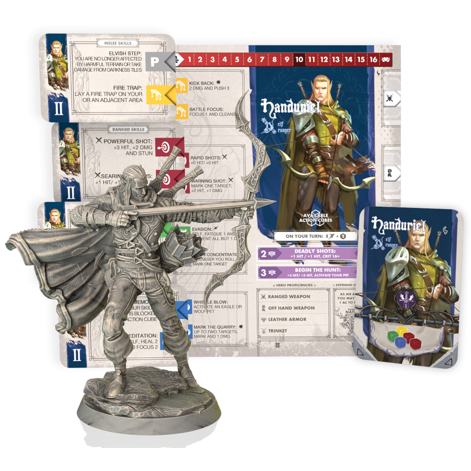 Fantasy figurine with game cards and rules on a white background