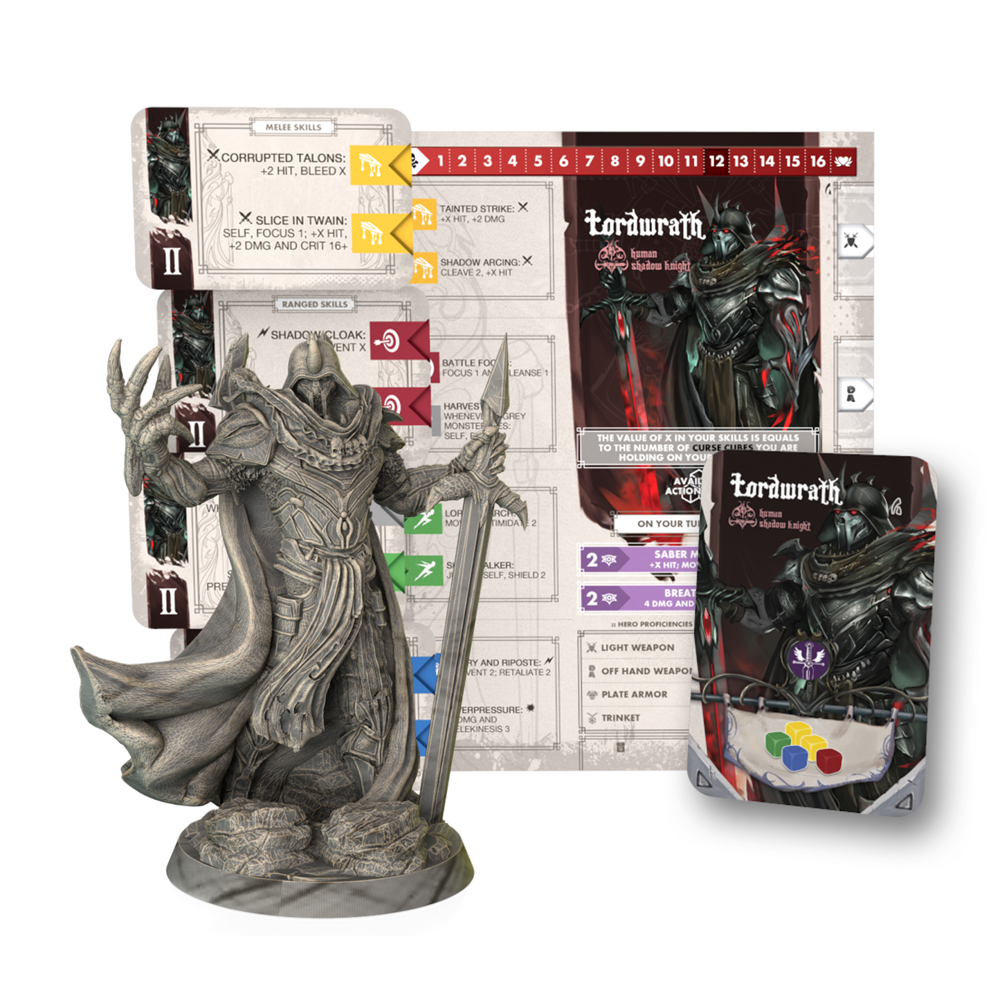 Fantasy figurine with game cards and rulebook on a white background