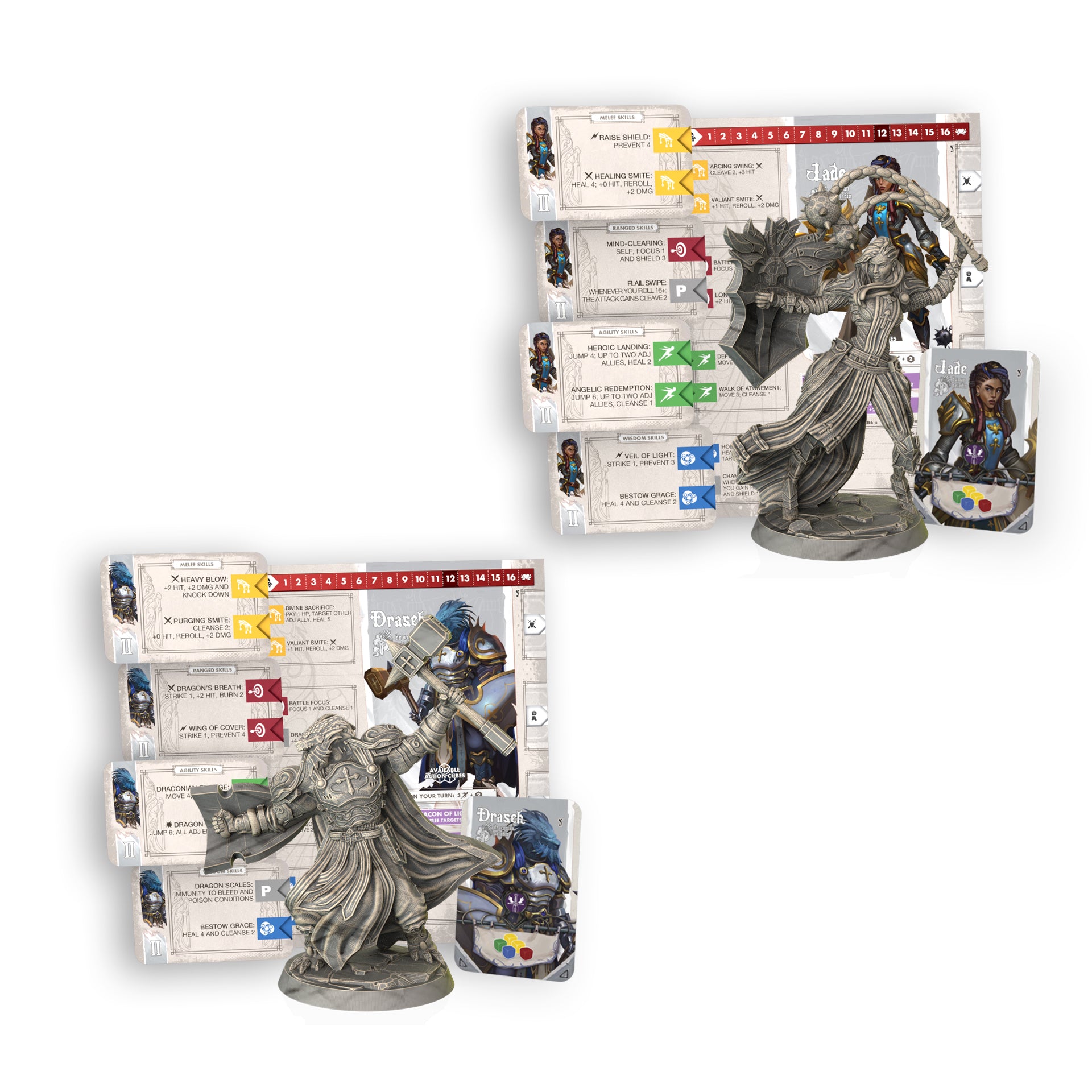 Two fantasy figurines with character cards on a white background