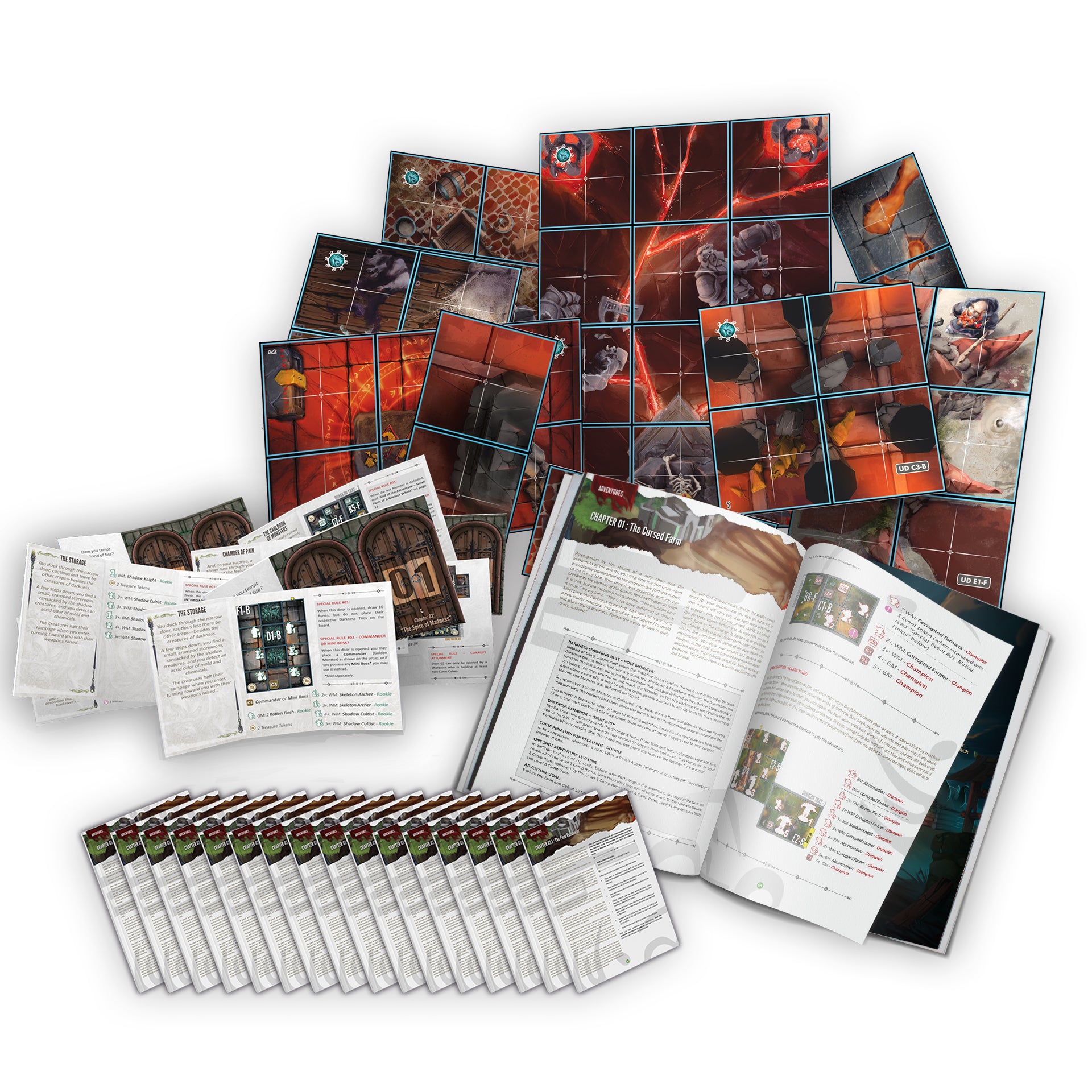 Collection of game cards and rulebooks on a white background