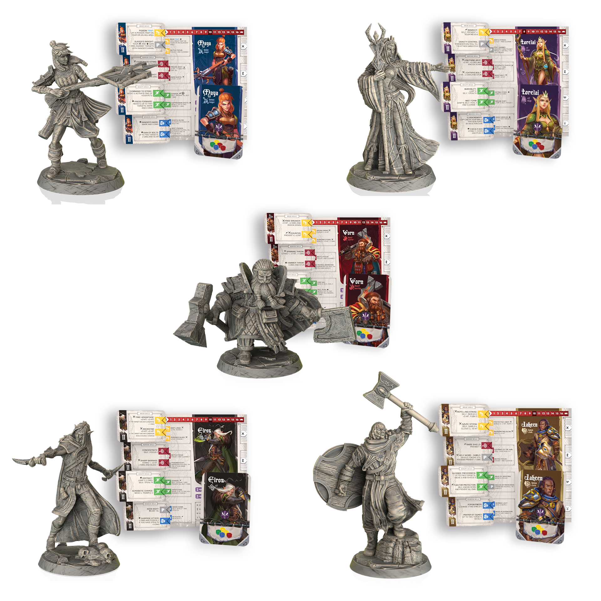 Collection of fantasy figurines and game cards on a white background