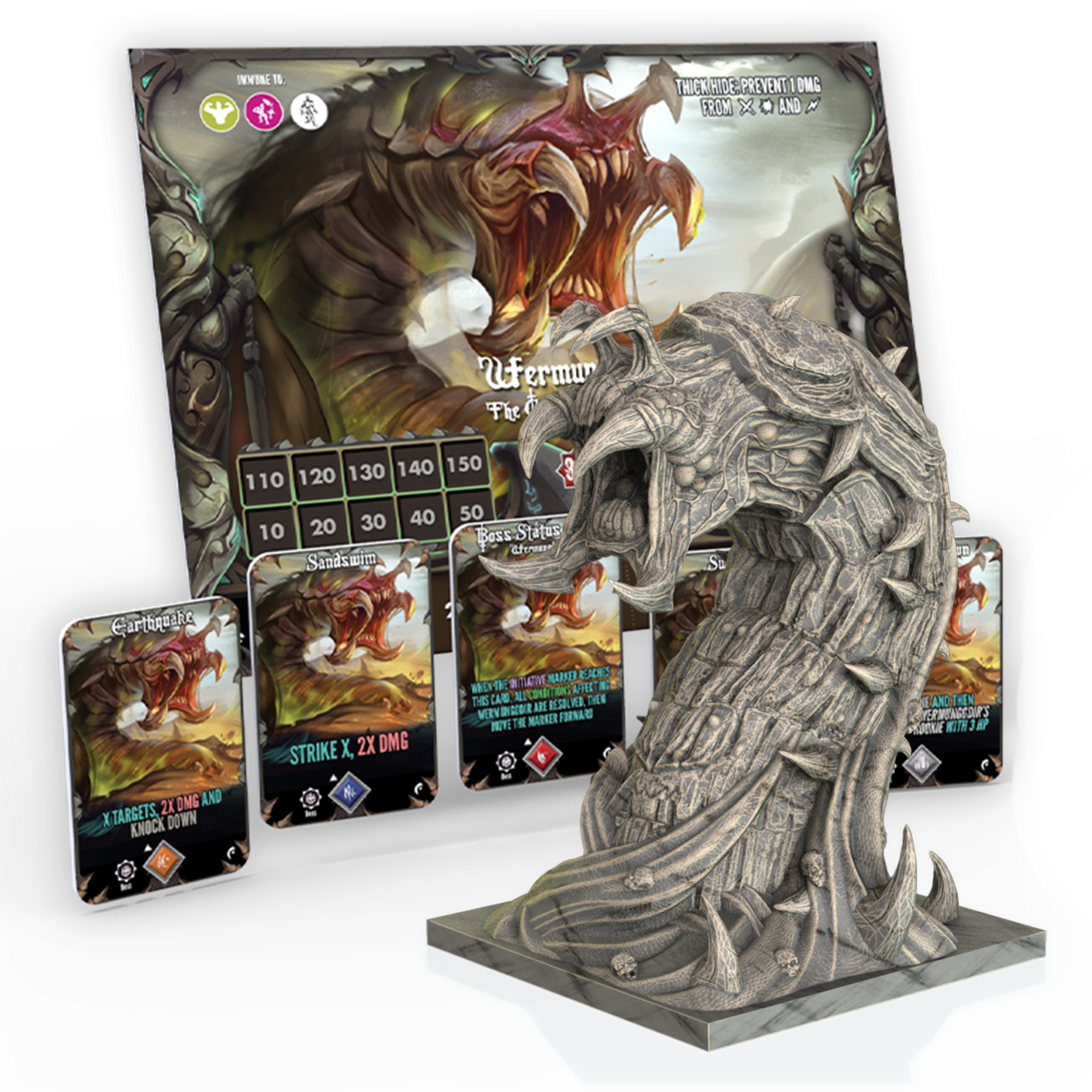 Game card with monster illustration and a dragon-themed figurine on a white background