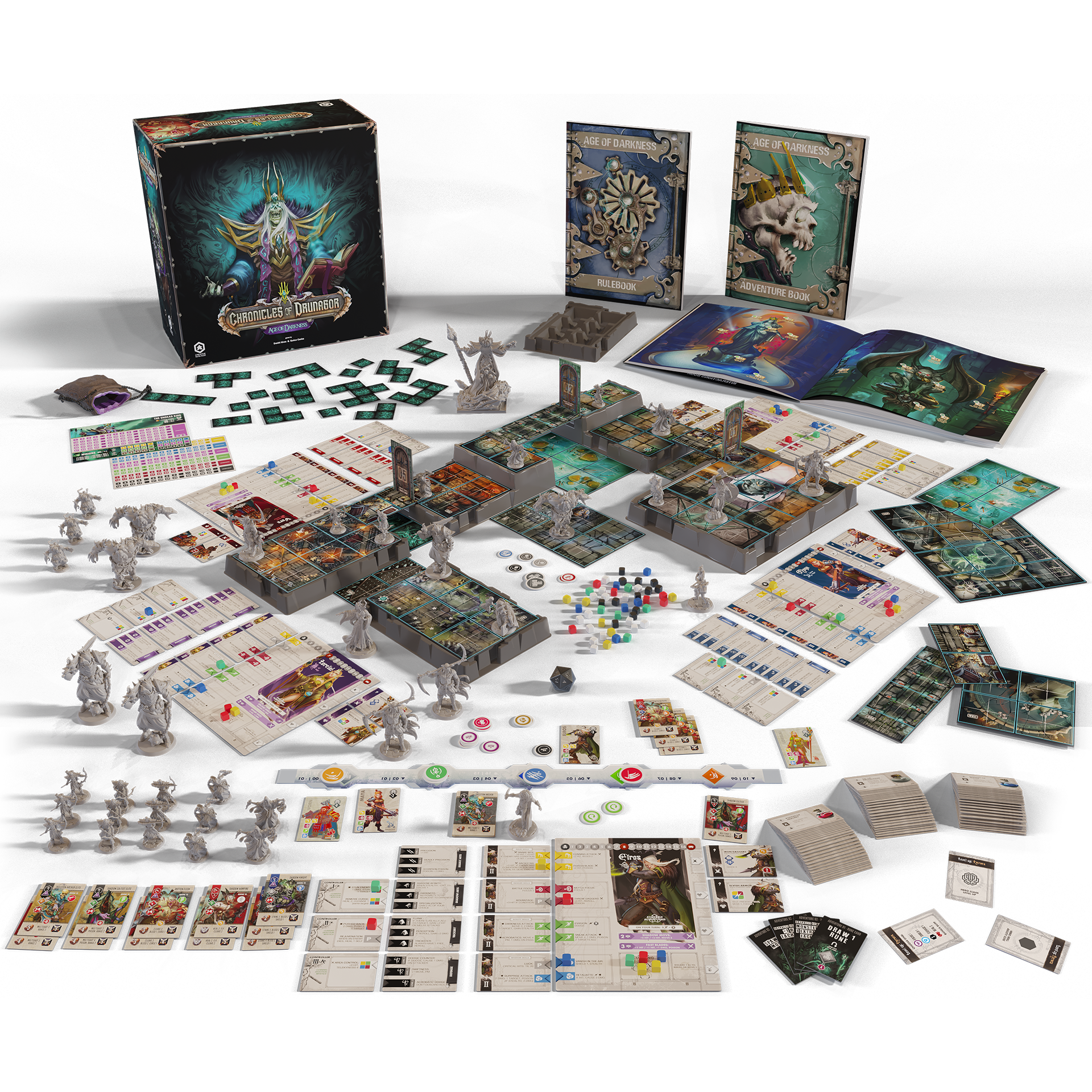 Board game set with various components on a white background