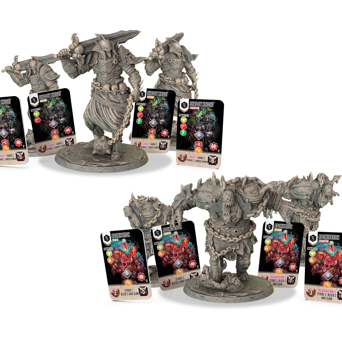 Two fantasy figurines with game cards on a white background