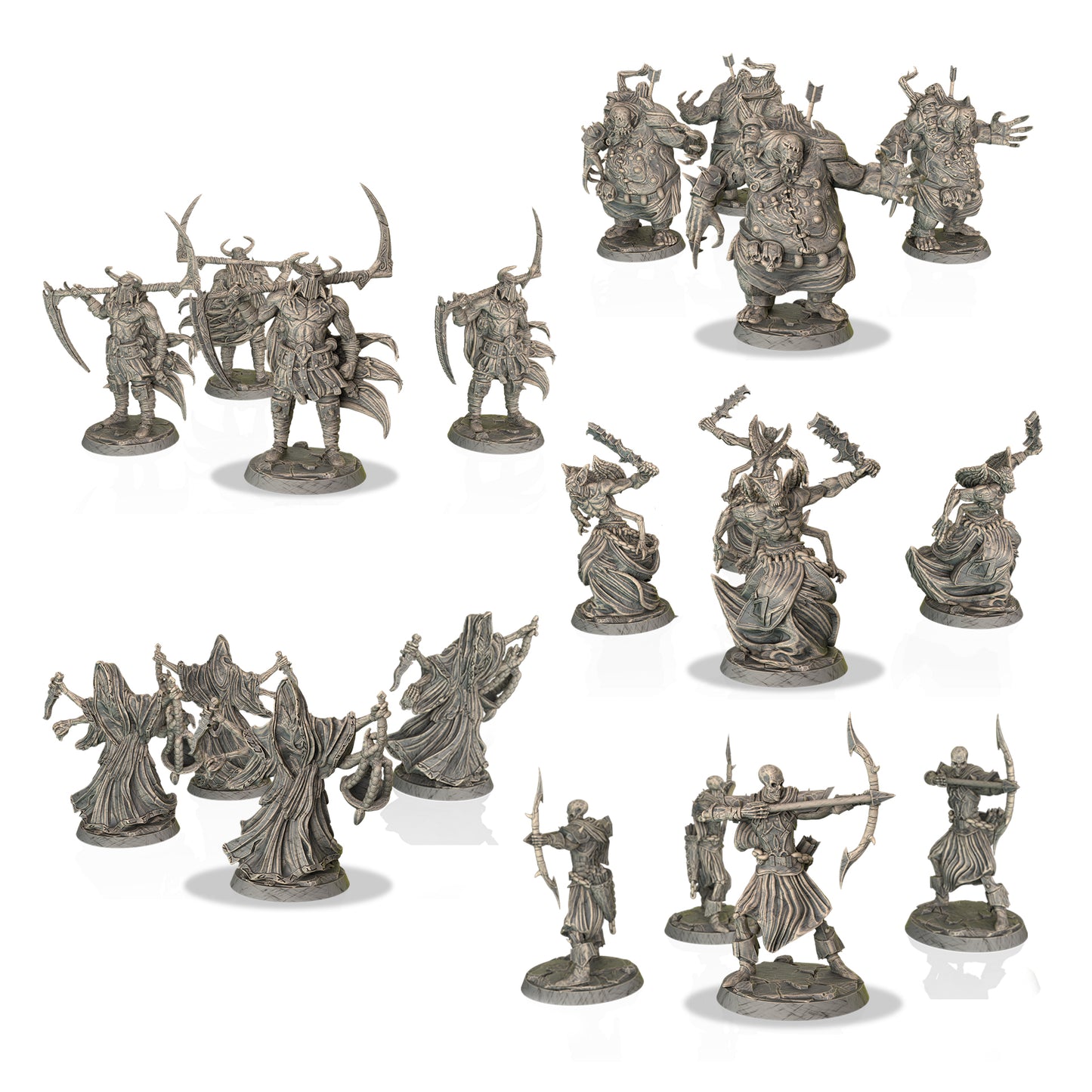 Collection of metallic fantasy figurines on a white background