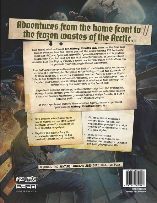 Back cover of a game book with text and graphics, featuring a character in a snowy landscape.