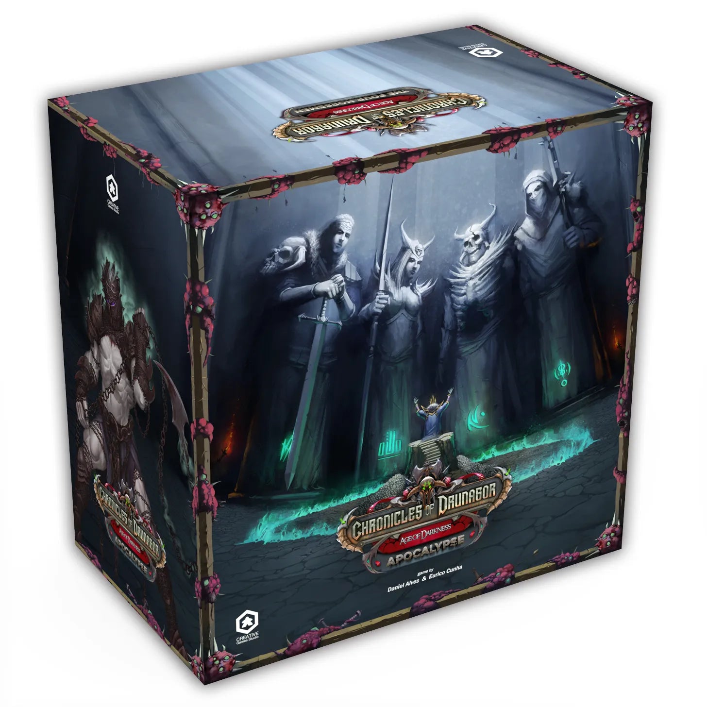 Board game box for 'Chronicles of Drunagor' with dark fantasy artwork on a white background