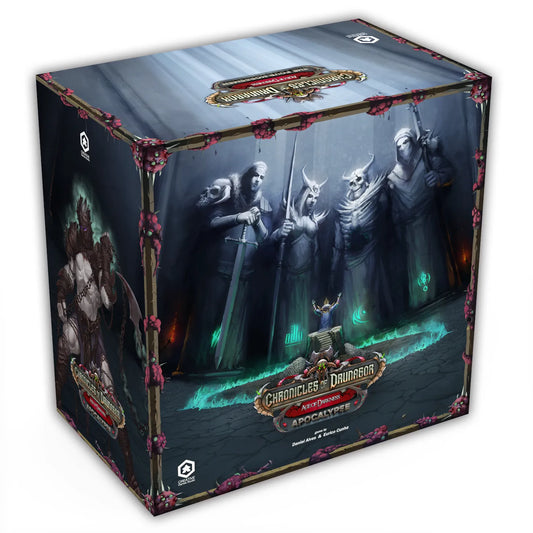 Board game box for 'Chronicles of Drunagor' with dark fantasy artwork on a white background