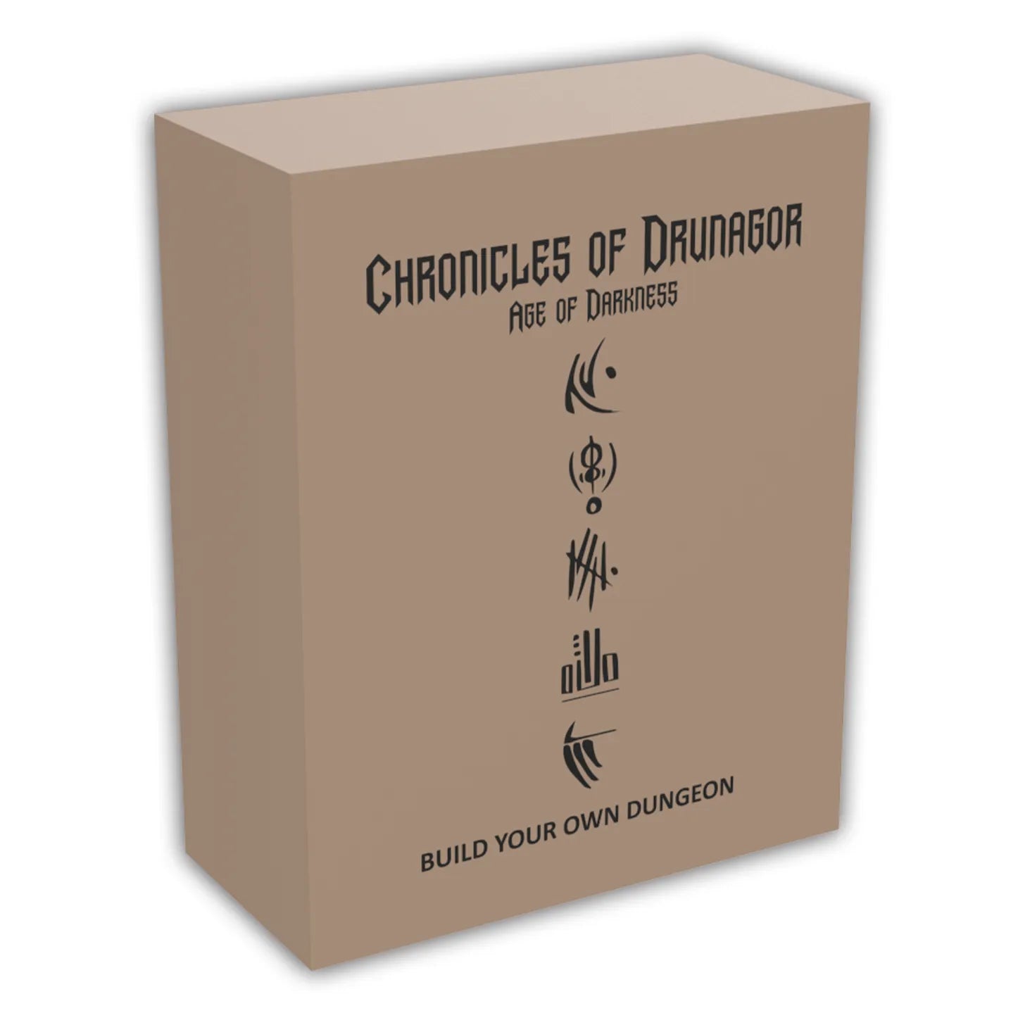 Cardboard box with 'Chronicles of Drunagor' text and symbols on a white background