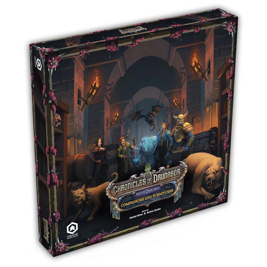 Board game box for 'Chronicles of Drunagor' with characters and creatures on a dark background