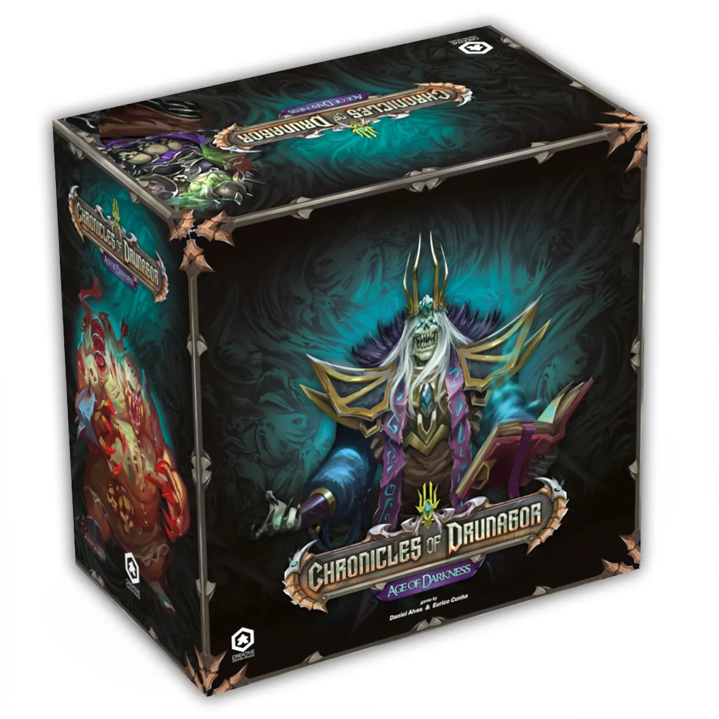 Board game box titled 'Chronicles of Drunagor' with fantasy artwork on a white background