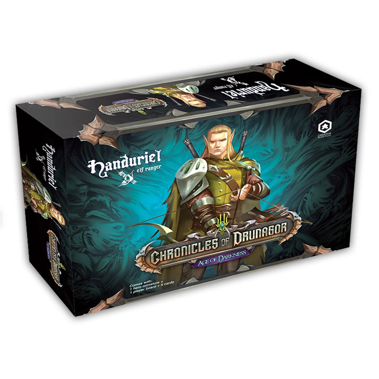 Board game box titled 'Chronicles of Dunlagon' with a character illustration on a white background