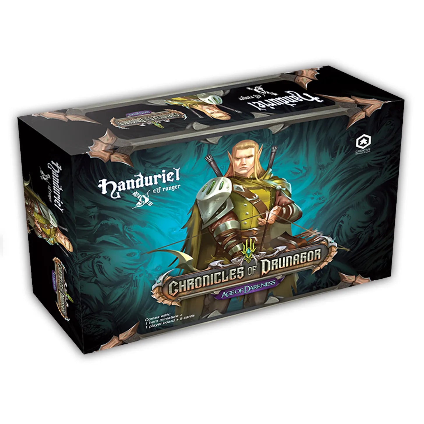 Board game box titled 'Chronicles of Dunlagon' with a character illustration on a white background