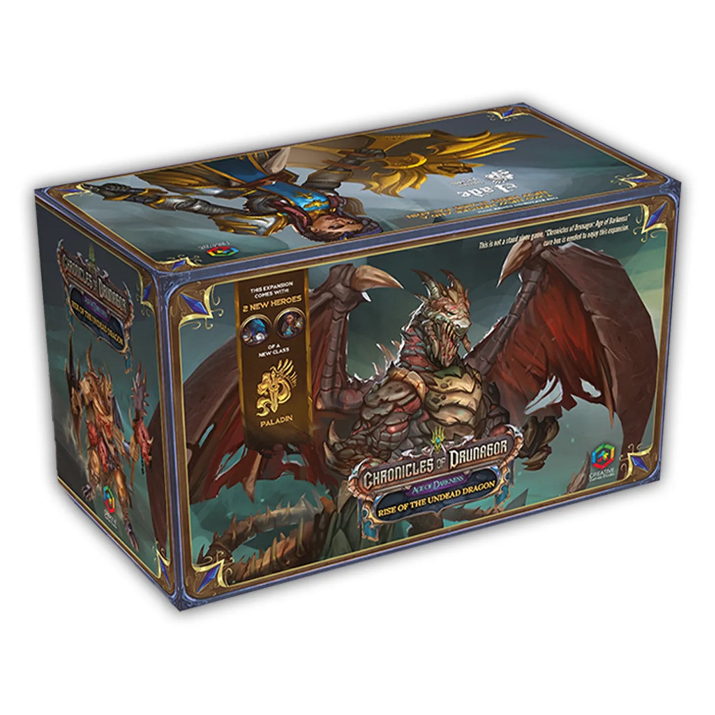 Board game box with dragons and fantasy characters on a white background