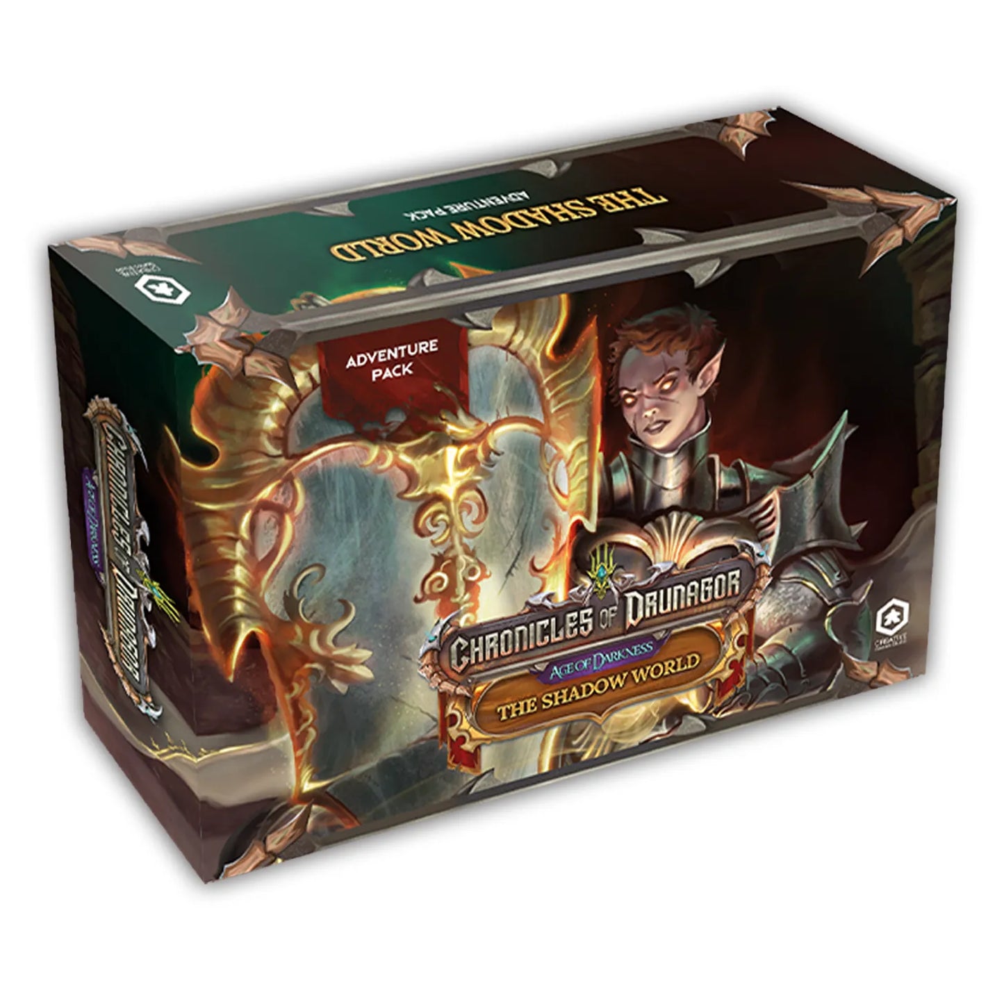 Board game box for 'Chronicles of Danguard: The Shadow World' with fantasy artwork on a white background