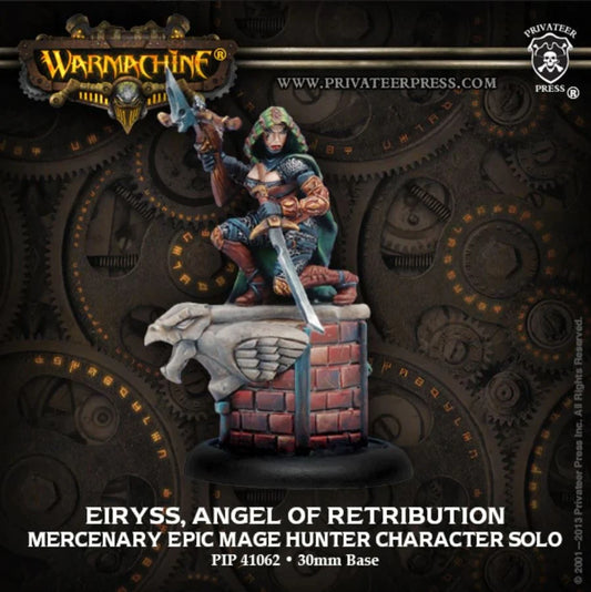 Privateer Press Warmachine miniature kit cover for 'Eiryss, Angel of Retribution', showing a painted fantasy warrior figure mounted on a brick-and-stone base against a dark steampunk-style gear background.