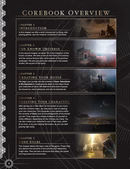 Corebook overview with chapter headings and images on a dark background