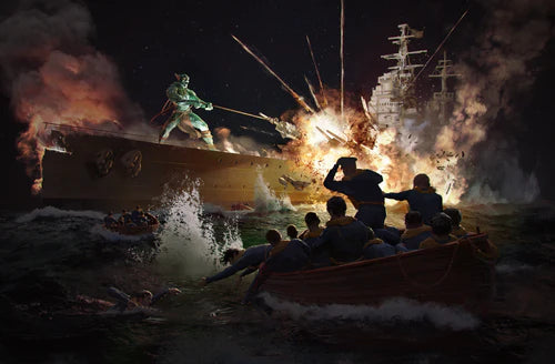 Dramatic scene of a shipwreck with people in a lifeboat and a large ship in the background.